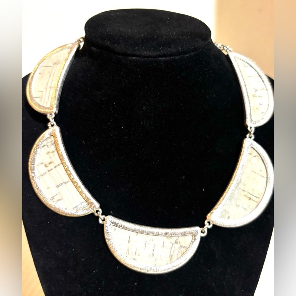 Handcrafted White and Silver Semi-Circle printed wood Statement Necklace